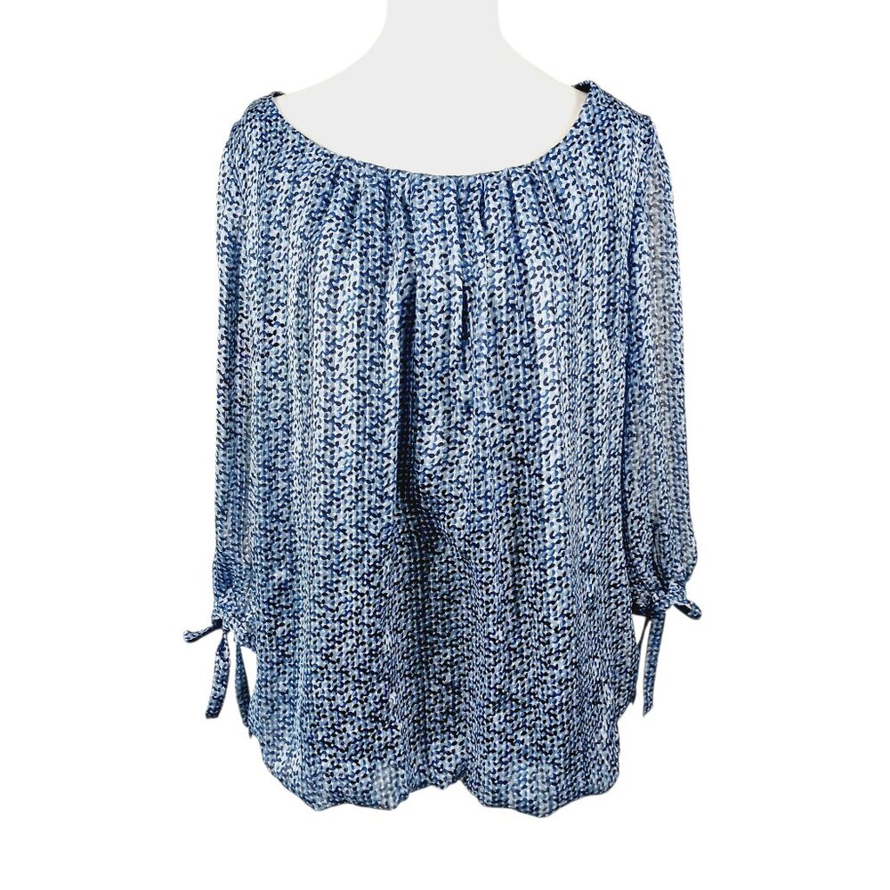 Roz & Ali 1X Top, 3/4 Sleeve, Blue, White & Black Abstract Print, Stretch Waist - Picture 3 of 16